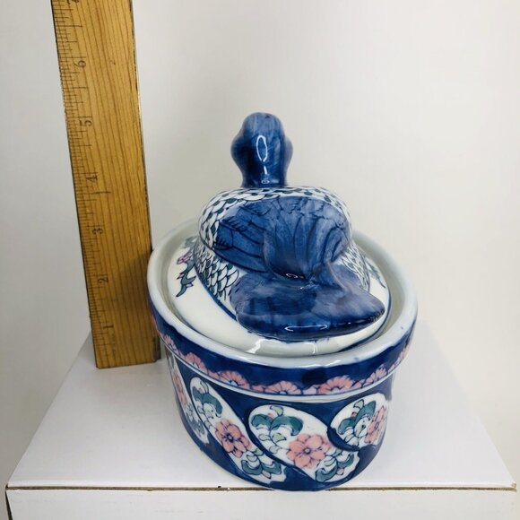 VTG Blue Duck on a Nest Figural Lid Trinket Dish Bowl Floral Cottage Farmhouse - Picture 5 of 7